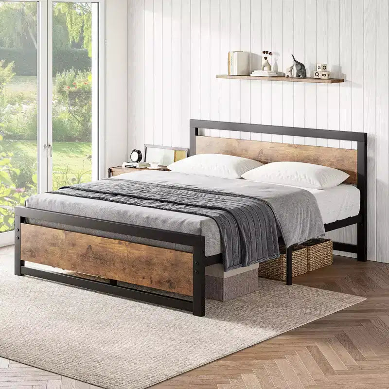Struttura Letto Matrimoniale Robusta con Testiera e Pediera, Piattaforma in Metallo con Spazio Contenitivo di 35 cm, Senza Rumore e Assemblaggio Senza Attrezzi, Marrone Vintage