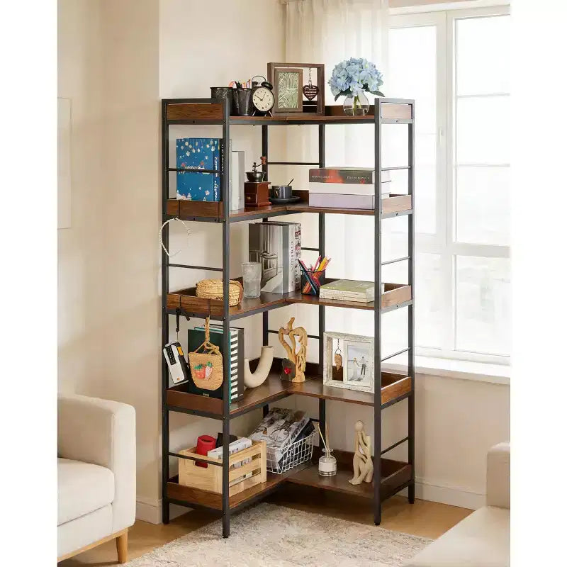 Scaffale angolare a 5 ripiani a forma di L, libreria industriale in legno e metallo da 65 pollici (marrone rustico), portaoggetti reversibile per soggiorno, camera da letto e ufficio