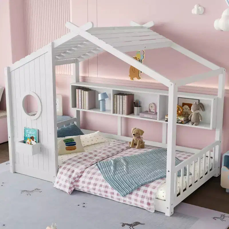 Struttura Letto a Piattaforma per Bambini Doppia/Matrimoniale Letto da Terra per Bambini Letto Montessori Letto a Casetta con Ripiano Portaoggetti - ModernLuxe