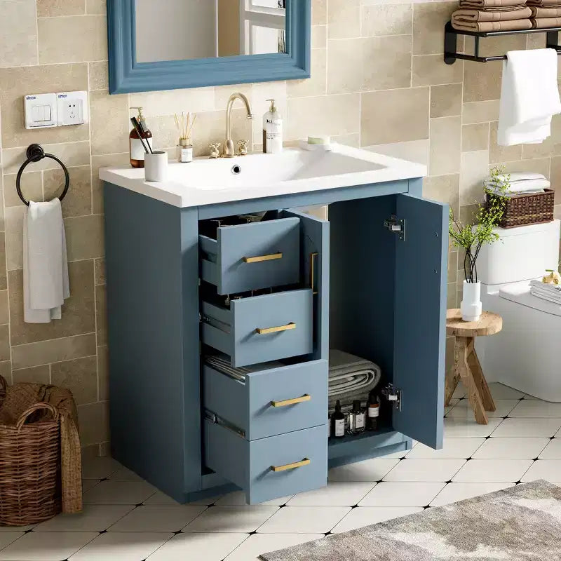 Mobile bagno 30 pollici con lavabo singolo, armadietto e 3 cassetti – Nero / Blu / Verde / Indaco / Bianco