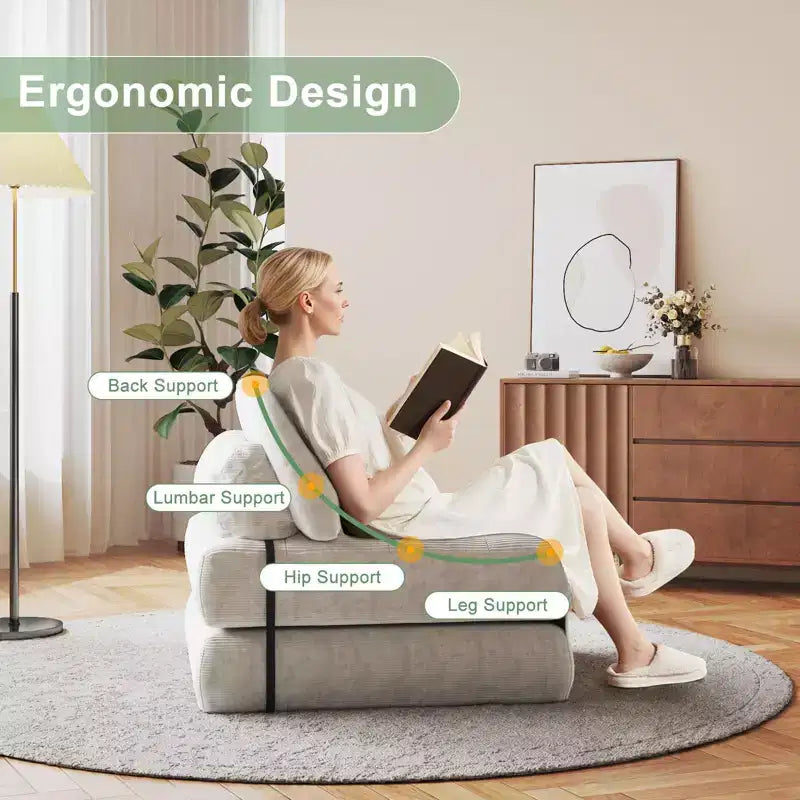 Divano Letto Futon Pieghevole in Velluto a Coste, Sedia Convertibile da Pavimento con Cuscino e Supporto per la Schiena