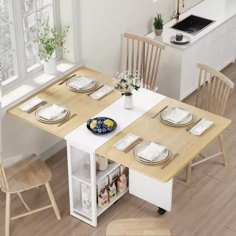 Tavolo da Pranzo Pieghevole per Cucina, Tavolo da Pranzo Salvaspazio, Tavolo da Cucina Estensibile con Ante a Sbalzo e 6 Ruote per Piccoli Spazi