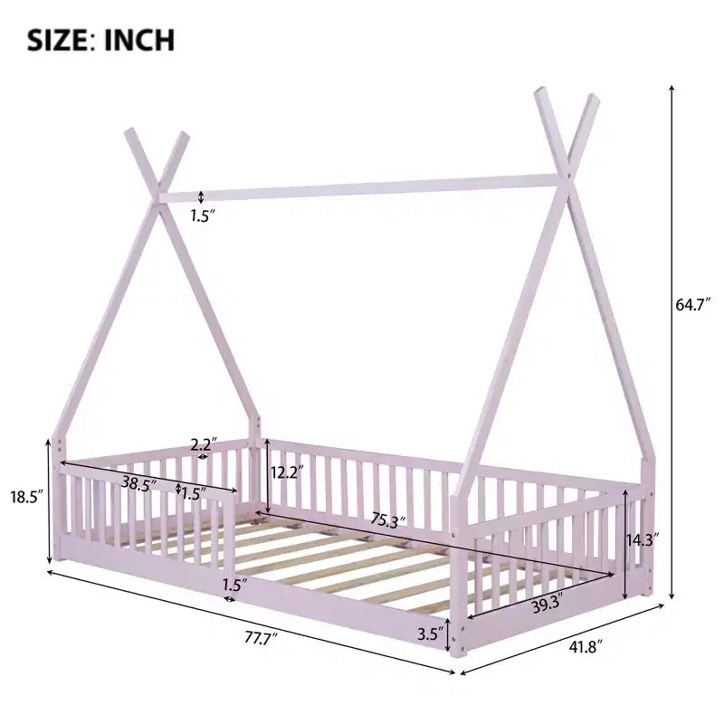 Letto a pavimento per bambini, letti a tenda a una piazza, letto a pavimento Montessori con doghe e sponde di protezione, struttura letto a casetta in legno per ragazzi e ragazze