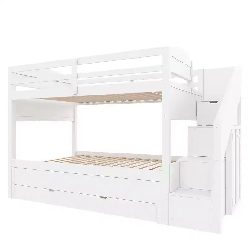 Whisen Letto a castello Twin XL con rotelle estraibili, letto a castello con contenitore, letto a castello in legno massello, scala con contenitore, armadio, 3 cassetti, per bambini