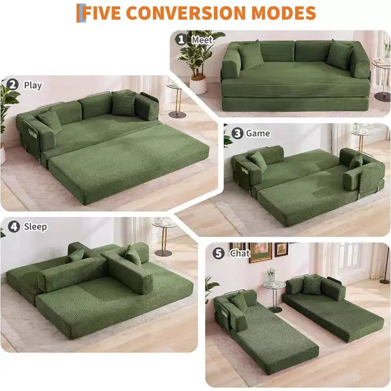 Divano Letto Convertibile 5-in-1, Divano Letto Modulare in Velluto a Coste da 78,8 Pollici con Struttura Robusta, Futon Multifunzionale per Piccoli Spazi, Soggiorno e Camera degli Ospiti