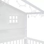 Letto a capanna per bambini con scaffali e sponde, Struttura letto in legno stile Montessori per bambini con finestra e striscia luminosa scintillante