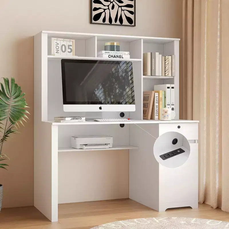 Scrivania moderna da 130 cm con libreria e scaffali, scrivania da ufficio con ampio spazio di archiviazione, scrivania per studio, sala lettura