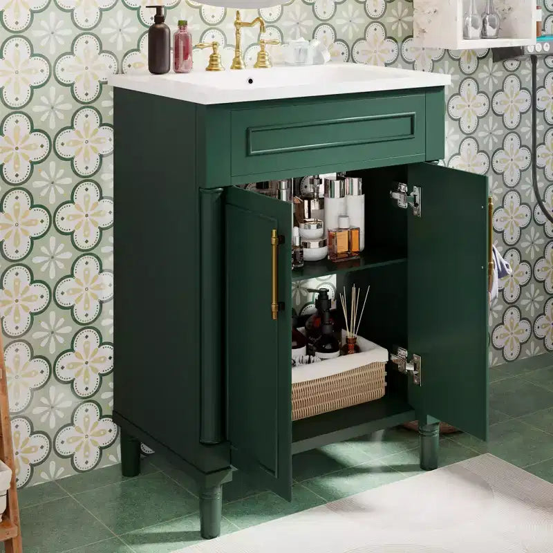 Mobiletto da bagno 61 cm con lavabo in ceramica, mobile stile shaker, 2 ante con chiusura ammortizzata, struttura in legno massello per bagno piccolo o bagno di servizio