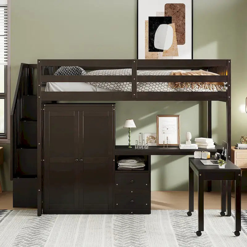 Letto a soppalco full-size con scala, libreria, scrivania e armadio - Mobili multifunzionali salvaspazio per bambini e ragazzi - Bianco