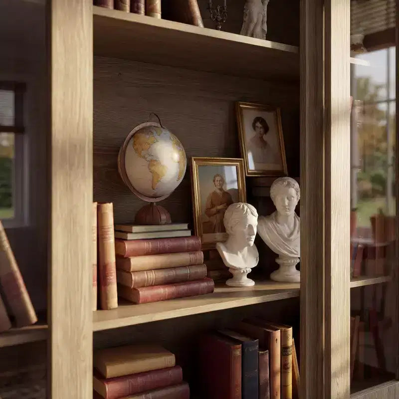 Libreria espositiva Famapy in rovere chiaro: 63W, ante scorrevoli in vetro + cassetto. Ampio organizer per biblioteche domestiche e soggiorni