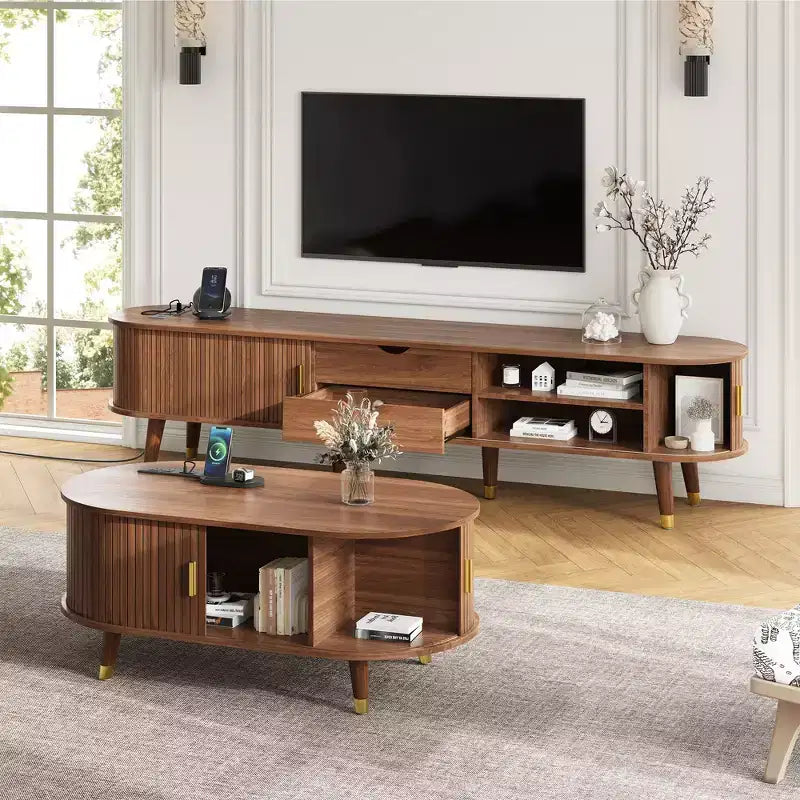 Mobile TV da fattoria e tavolino da caffè CLIHOME con stazione di ricarica, console multimediale ovale scanalata per TV fino a 80 pollici