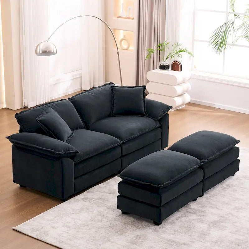 Divano a 2 posti con 2 cuscini, 2 guanciali e 2 pouf, divano confortevole - Divano profondo da soggiorno, divano modulare