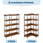 Scaffale angolare a 5 ripiani a forma di L, libreria industriale in legno e metallo da 65 pollici (marrone rustico), portaoggetti reversibile per soggiorno, camera da letto e ufficio