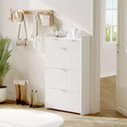 Moderna scarpiera bianca con 3 cassetti a ribalta e 2 cassetti piccoli e gancio, porta scarpe sottile scanalato, mobile stretto per ingresso