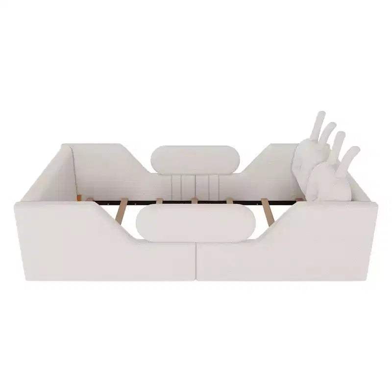 Whisen Twin - Letto a piattaforma, Letto imbottito da pavimento per bambini con cuscino a coniglio, Sponde laterali rimovibili
