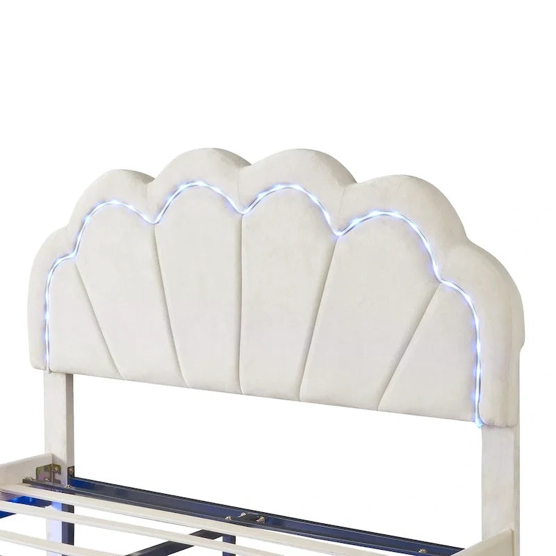 Comodino a 2 Pezzi Letto a Piattaforma Matrimoniale a LED con Pouf Contenitore