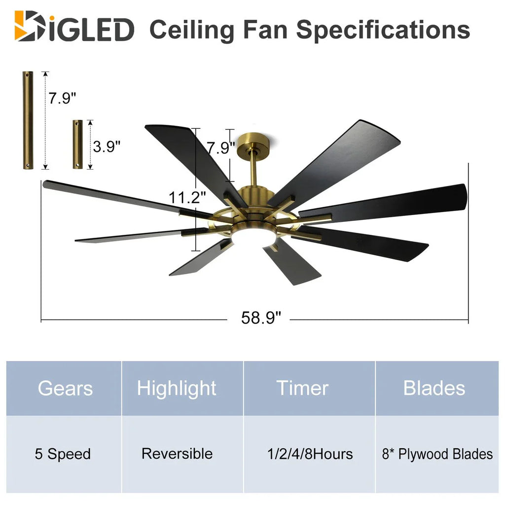 Ventilatore da soffitto con luci telecomandato e 8 grandi pale in legno