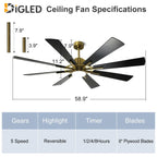 Ventilatore da soffitto con luci telecomandato e 8 grandi pale in legno