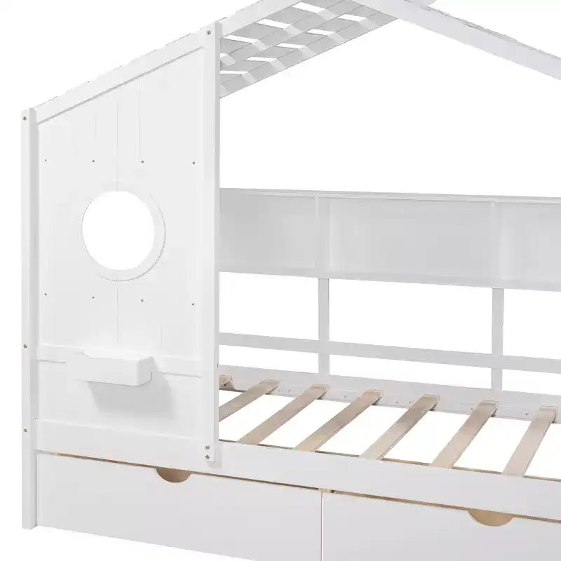 Letto a casetta in legno per bambini, piazza singola/matrimoniale, con 2 cassetti e ripiano portaoggetti - ModernLuxe