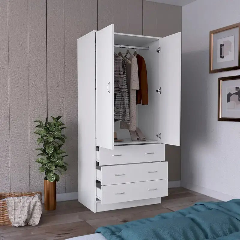 Armadio moderno a due ante con 3 cassetti e 1 bastone appendiabiti per camera da letto