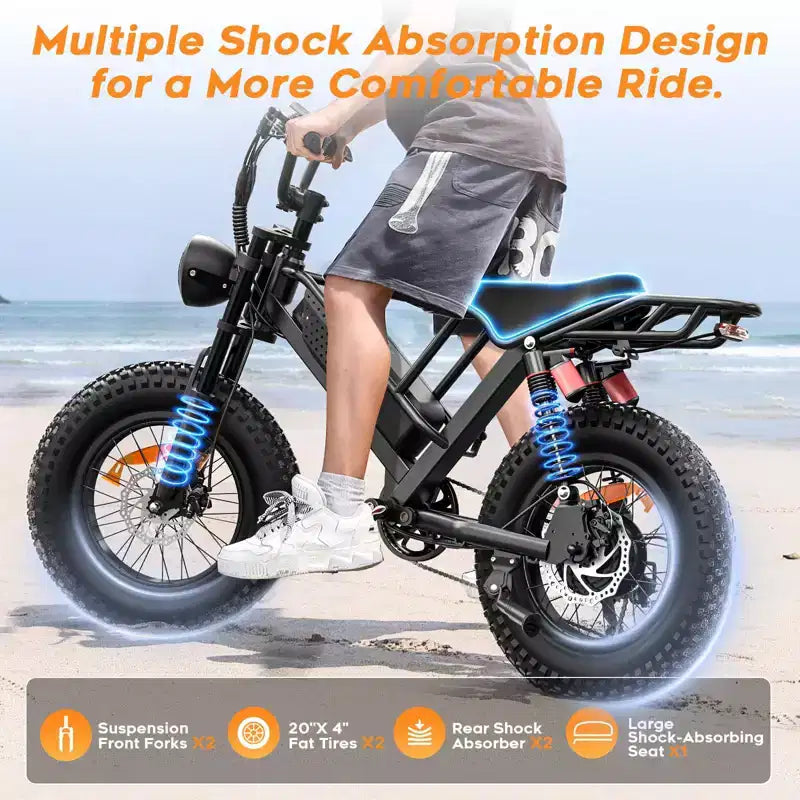 Eilleo 20 Fat Tire E-Bike Motore da 750W (920W di picco), 40 km/h, autonomia 80-110 km, batteria 48V 15.6Ah, doppia sospensione, Shimano 7 velocità