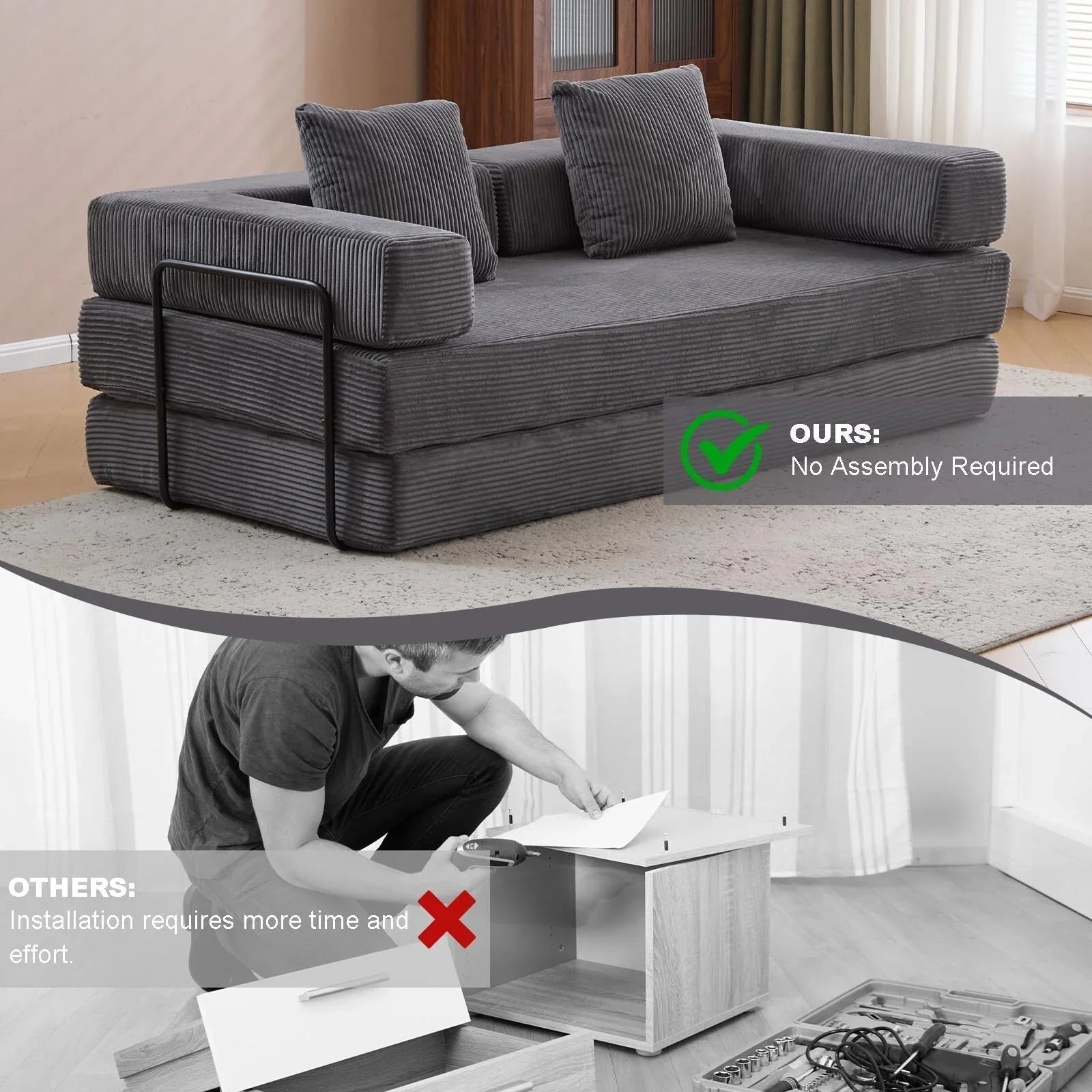 Divano letto convertibile da pavimento con schienale a cuscino in tessuto ciniglia per soggiorno camera da letto