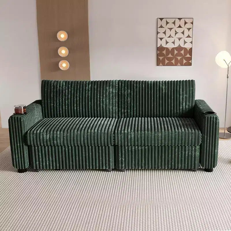 Divano Letto Sezionale Dyonery 91 con Letto Estraibile, Schienale Reclinabile/Due Letti Estraibili/Porte USB/Portabicchieri, Velluto a Coste Peluche