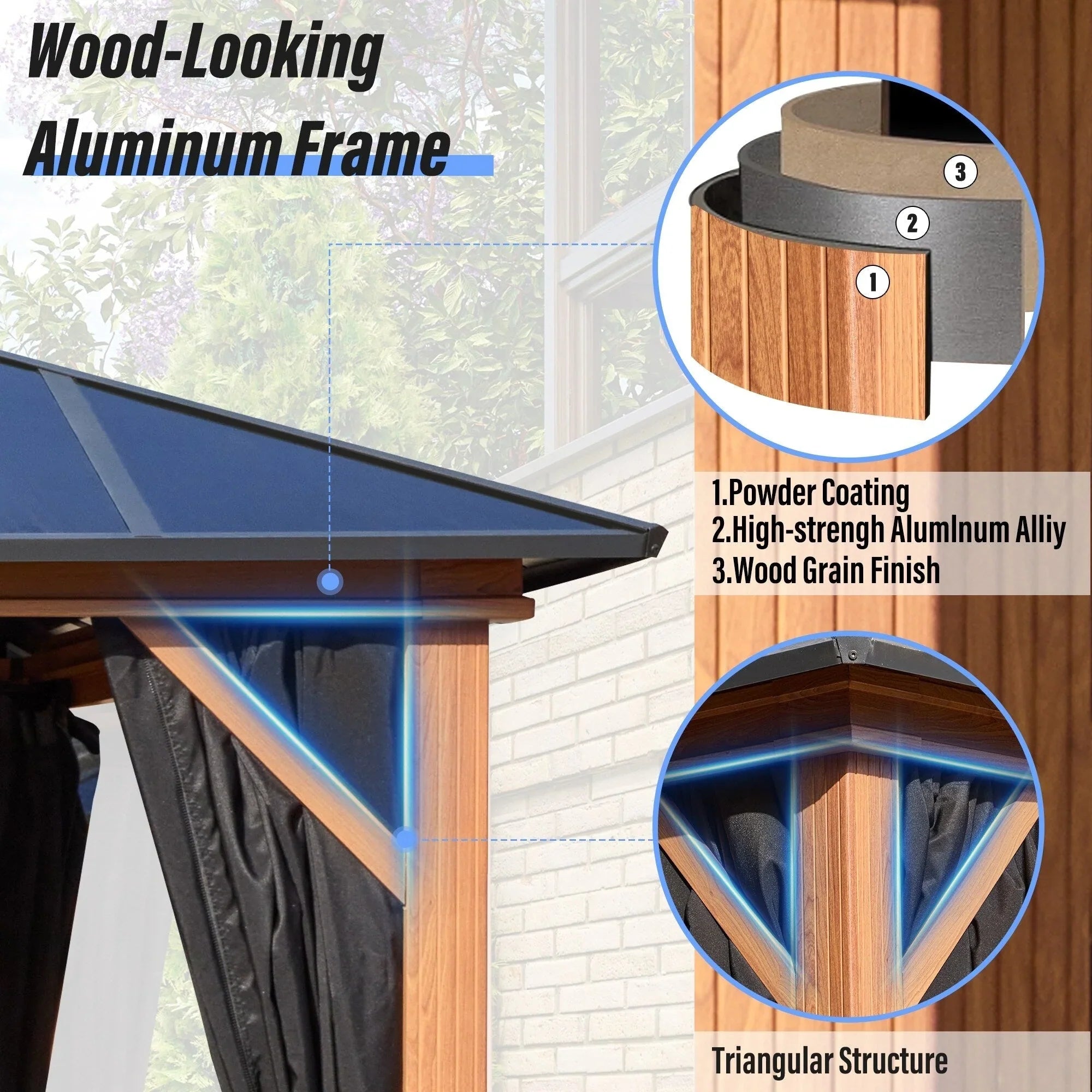 EROMMY Gazebo a tetto rigido, Pergola da esterno con doppio tetto, zanzariere e tende, Tenda da sole resistente per patio, cortile, feste in piscina