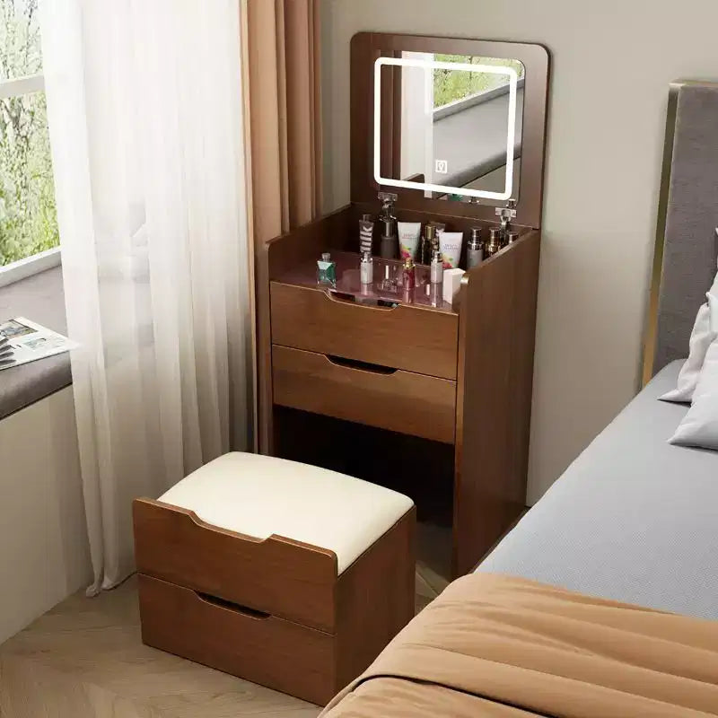 Okak Tavolo da toeletta 3 in 1 con specchio a scomparsa, toeletta compatta con piano in vetro a vista e sgabello imbottito, scrivania da toeletta per camera da letto