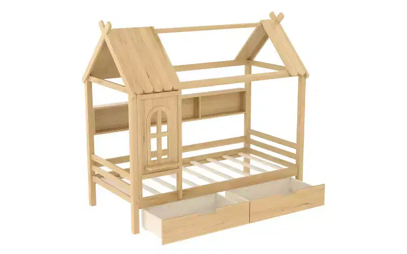 Letto a piattaforma a forma di casa con cassetti contenitori e finestra, struttura in legno massello con mensole, design giocoso per bambini, bianco chiaro
