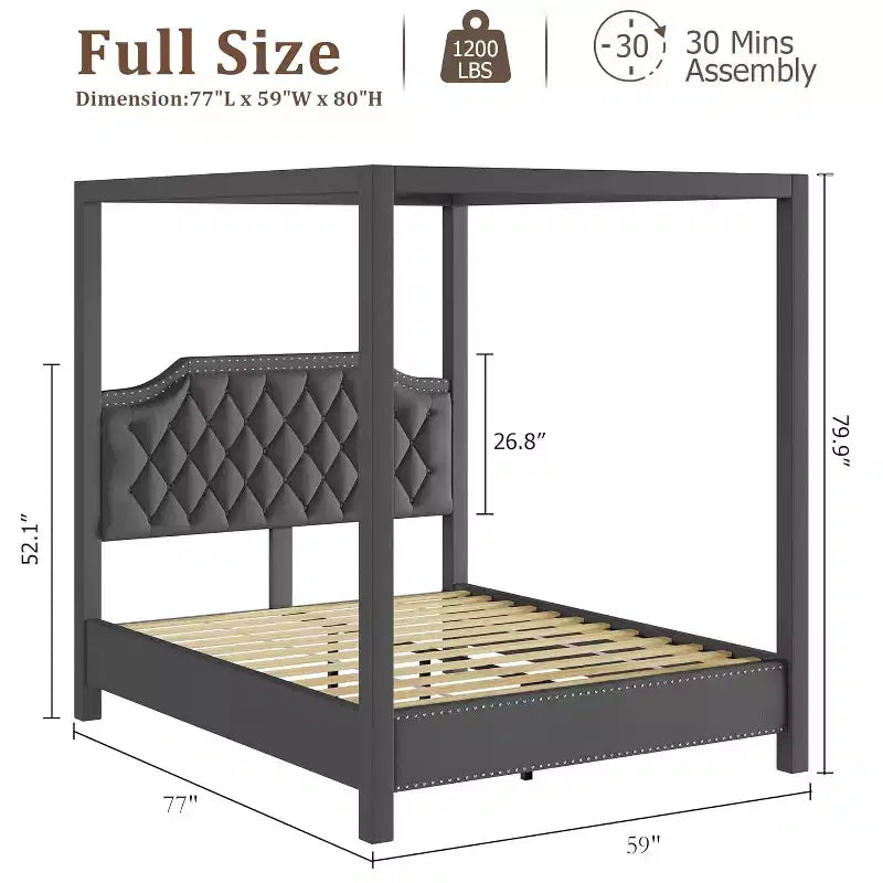 Struttura Letto a Baldacchino Queen Size con Pali a 4 Montanti, Supporto a Doghe in Legno Massello, Nessuna Rete a Molle Necessaria, Silenzioso