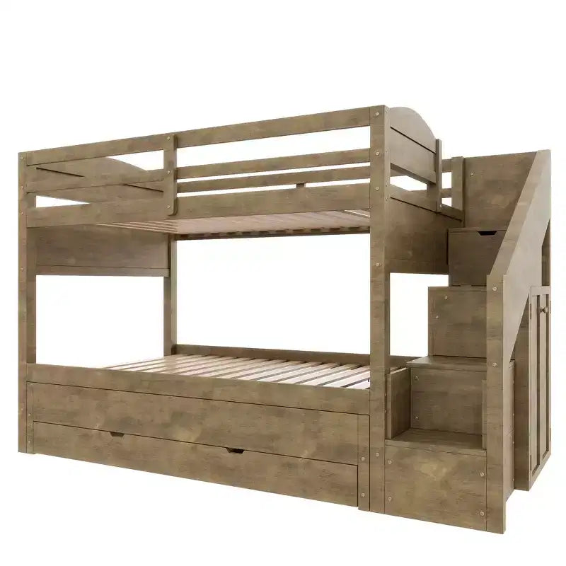 Whisen Letto a castello Twin XL con rotelle estraibili, letto a castello con contenitore, letto a castello in legno massello, scala con contenitore, armadio, 3 cassetti, per bambini