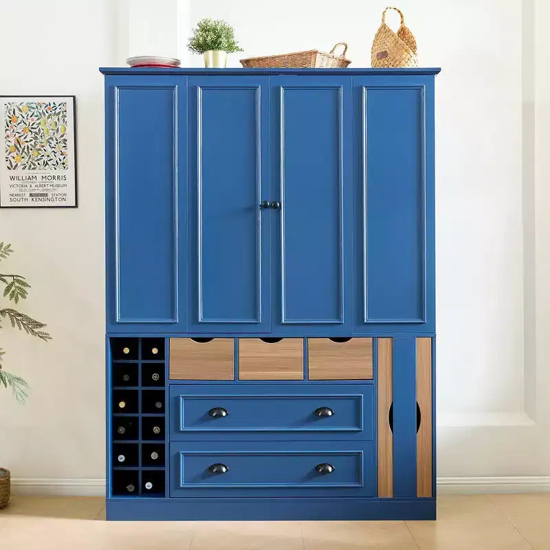 Whisen Armadio Dispensa per Cucina Autoportante Alto 180 cm, Grande Credenza Contenitore per Sala da Pranzo con 4 Ante Pieghevoli, Ripiani, Portabottiglie