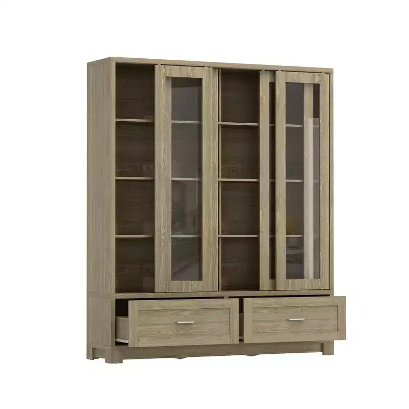 Libreria espositiva Famapy in rovere chiaro: 63W, ante scorrevoli in vetro + cassetto. Ampio organizer per biblioteche domestiche e soggiorni