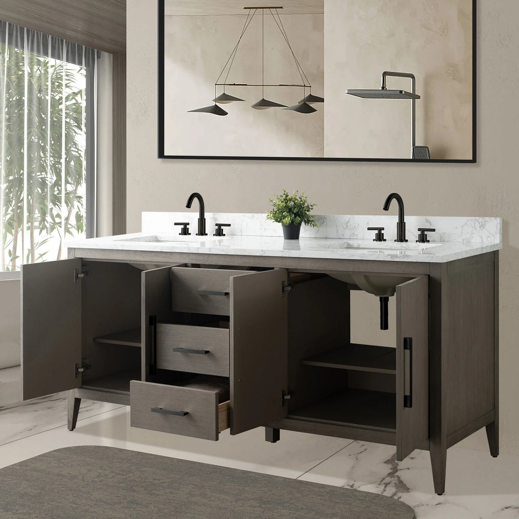 Mobile lavabo doppio Vanity Art 72 per bagno con piano in marmo composito