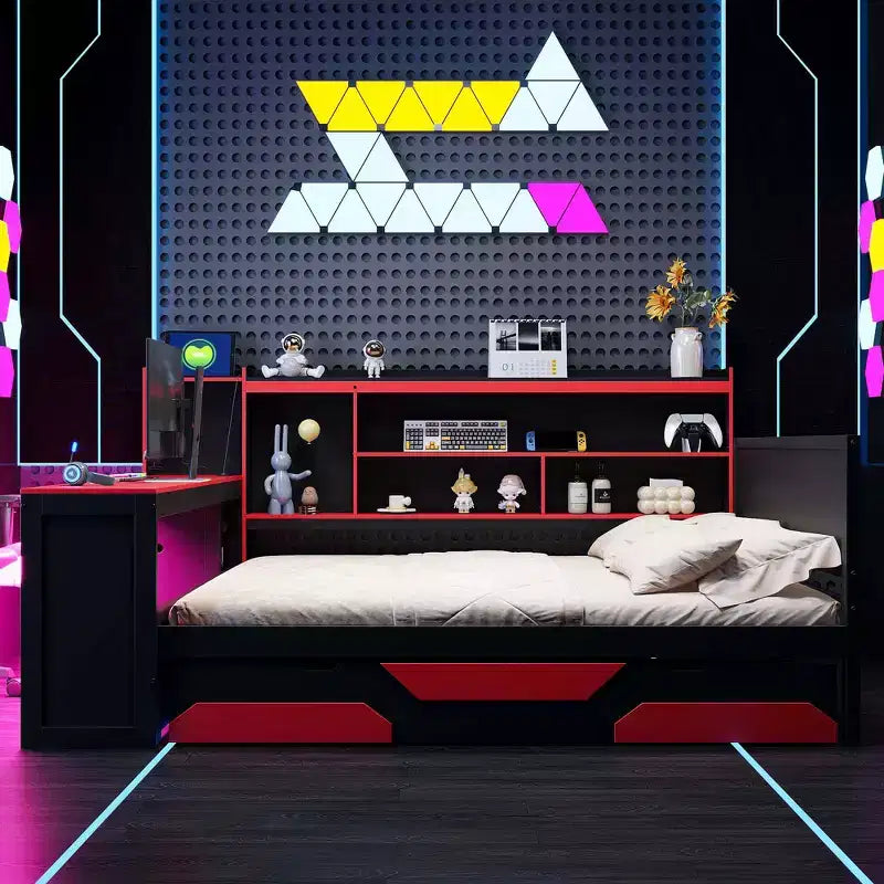 Daybed da gioco completo/queen size con testiera libreria, luci LED, scrivania integrata, cassetti e stazione di ricarica