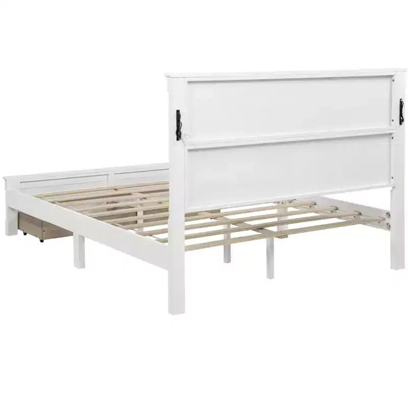 ModernLuxe Letto a Piattaforma Queen/King Size con Testiera Alta, Struttura Letto Rustica in Legno con 2 Cassetti, Luci LED e Porte USB