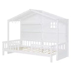 Letto a capanna per bambini con scaffali e sponde, Struttura letto in legno stile Montessori per bambini con finestra e striscia luminosa scintillante