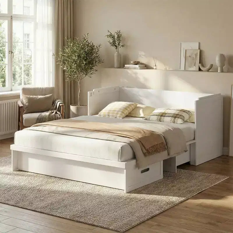 Letto a scomparsa matrimoniale Mjkone con materasso, ricarica USB, cassetti portaoggetti