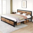 Struttura Letto Matrimoniale Robusta con Testiera e Pediera, Piattaforma in Metallo con Spazio Contenitivo di 35 cm, Senza Rumore e Assemblaggio Senza Attrezzi, Marrone Vintage