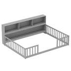 Letto a terra Montessori per materasso singolo/una piazza e mezza con libreria, ripiani e sponde di sicurezza bianco/grigio