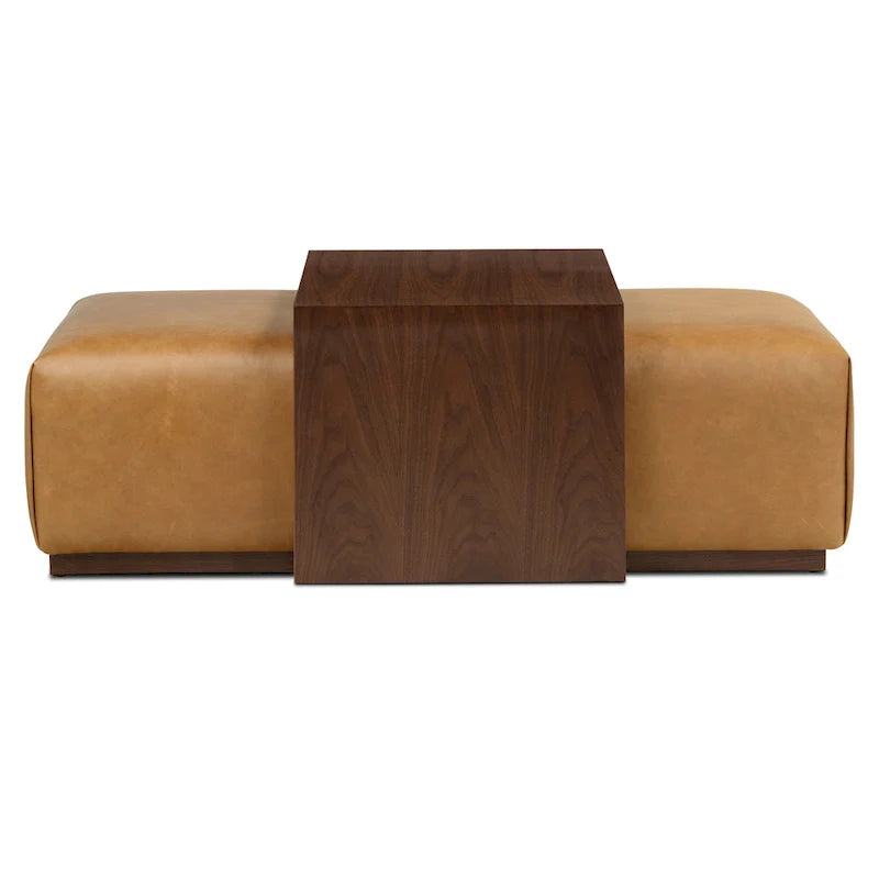 Pouf Jarmo Poly & Bark con Tavolino Regolabile in Noce - Vera Pelle Italiana Pieno Fiore