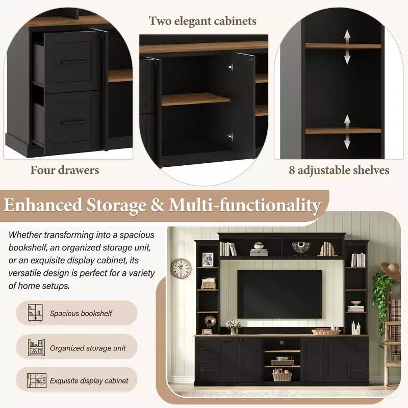 ModernLuxe Mobile TV da Parete 4 in 1 per Stile Rustico, Adatto a TV Fino a 70 Pollici, Consolle Multimediale con Ripiani Regolabili e Cassetti