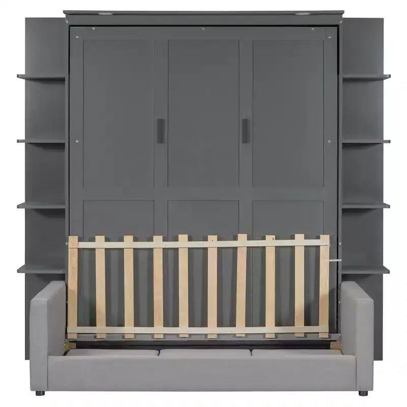Letto a muro a scomparsa Whisen Modern Design con struttura in legno, Queen Size, con divano e mensole