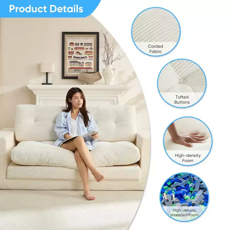 Mjkone Divano letto futon convertibile 2 in 1 da 180 cm, in tessuto a coste, pieghevole, con bottoni trapuntati, divanetto salvaspazio