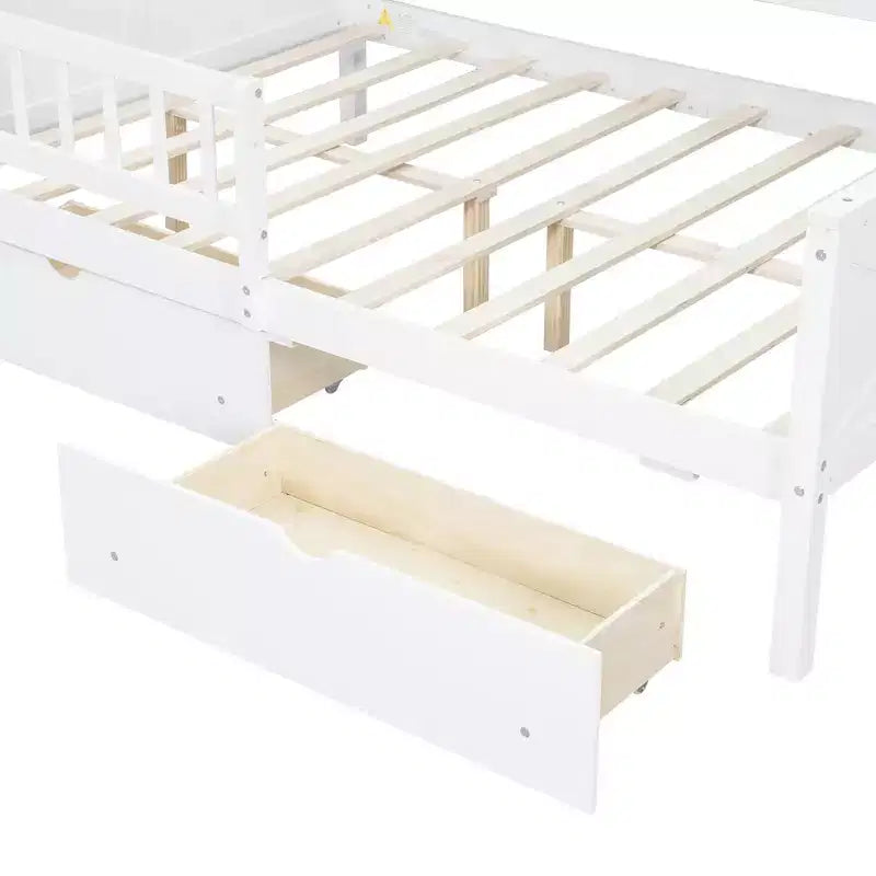 Struttura letto a casetta a grandezza naturale con cassetti, letto a piattaforma a casetta con luci LED, mensole e cassetti portaoggetti, divano letto in legno con tetto e sponda