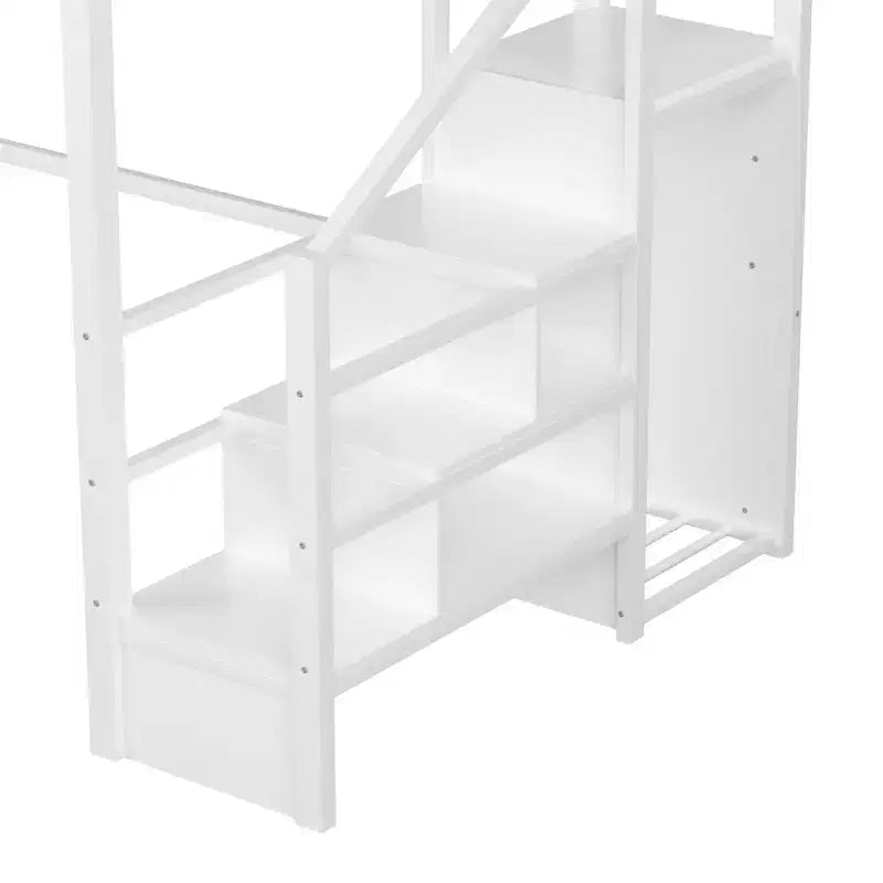 Letto a soppalco ModernLuxe matrimoniale/queen size con scale e armadio integrato, struttura letto in metallo con luci a LED, stazione di ricarica USB e ripiani portaoggetti
