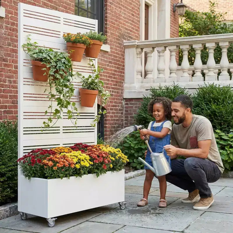 Fioriera rettangolare in ferro battuto bianco MAYEERTY con traliccio (Harold Wide-Narrow B Louvered), 72x35x16, 5 pezzi, decorazione per giardino interno ed esterno