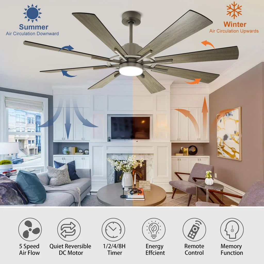 Ventilatore da soffitto con luci telecomandato e 8 grandi pale in legno