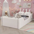 Whisen Twin - Letto a piattaforma, Letto imbottito da pavimento per bambini con cuscino a coniglio, Sponde laterali rimovibili